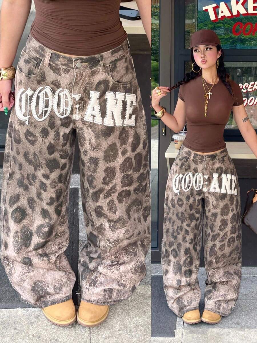 Coolane 女款春夏街頭風外訪夜生活演唱會 Y2K 休閒復古水洗寬腿牛仔褲 豹紋低腰棉質香蕉哈倫褲