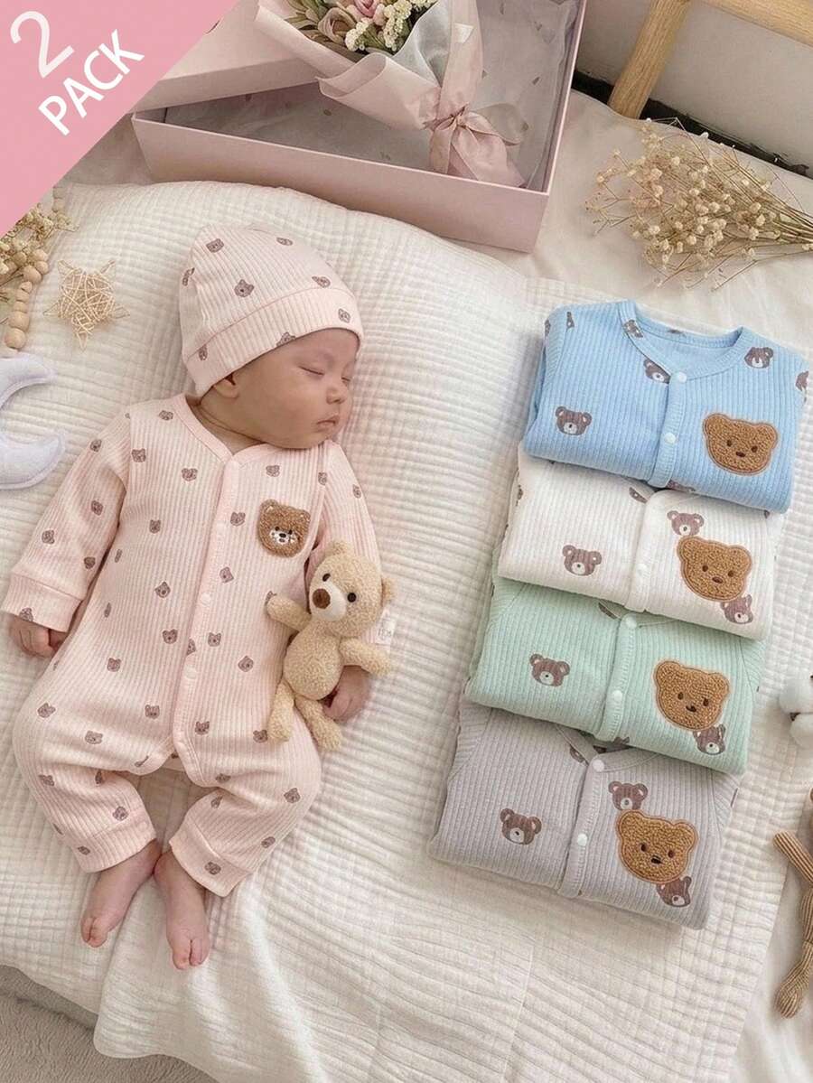 SHEIN Newborn Beige Bear Pattern Long Sleeve Long Pants Romper & Hat Set - Apricot - View 1