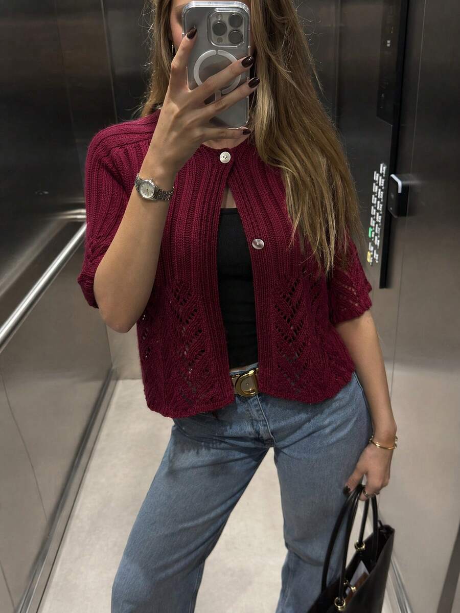 Flora Isola Flora Isola Spring/Summer Elegant Mature Style Knitted Cover Up, Round Neck Mid-Sleeve Single-Breasted Hollow Vertical Stripe Cropped Shrug, Versatile French Style Outer Layer For Daily Commute, Dating, Vacation, Layering, Women's Cardigan - Burgundy - View 1