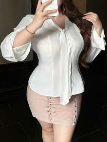 Dazy Plus Solid Color Casual Fitted Collar Short Length Fun Commuter White Long Sleeve Shirt Fall - White - View 2