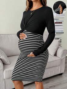 SHEIN 孕婦哺乳條紋拼色休閒日常夏季秋季洋裝 - 黑色 - 查看 1