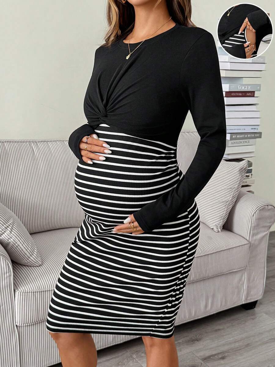 SHEIN 孕婦哺乳條紋拼色休閒日常夏季秋季洋裝 - 黑色 - 查看 1