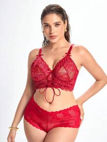 Slumbrini Sutiã com Aro Plus Size da Série Charismatic Leading Lady, Borgonha, Patchwork de Renda Bicolor com Design de Cordão, 1 Peça, Vermelho - Vinho - Visão 3