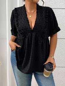 SHEIN CURVE+ 大码夏季休闲纯色荷叶边衬衫 - 黑色 - 查看 3
