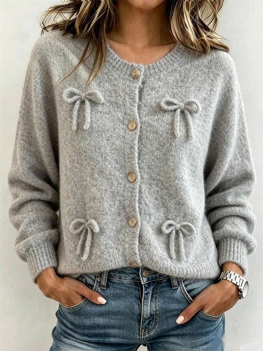 Franclia Casual Solid Color Cardigan With Bow Decor, Suitable For Autumn/Winter Fall Cloth For Women - Light Grey - View 1