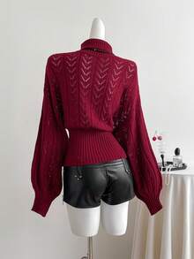 Elamini Burgundy Hollow Out Turtleneck Sweater, Women Batwing Long Sleeve Ribbed Hem Going Out Date Autumn Elegant - Burgundy - View 2