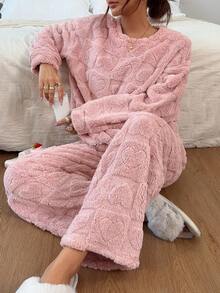 Napfluff Set Piyama Wanita Model Sweet Heart Jacquard Fleece Kerah Bulat Lengan Panjang dan Celana Panjang 2 Potong - Berwarna merah muda - View 4