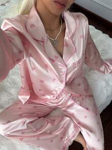 CottageSlumber Women's Faux Silk Heart Print Open Front Lapel Long Sleeve Pants Pajama Set - Pink - View 1