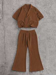 FeverCity Men's Casual Versatile Solid Color Shirt And Pants Set - Brown - View 2
