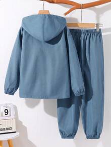 SHEIN 青少年男孩寬鬆休閒極簡舒適連帽衫與長褲套裝 - 藍色 - 查看 2