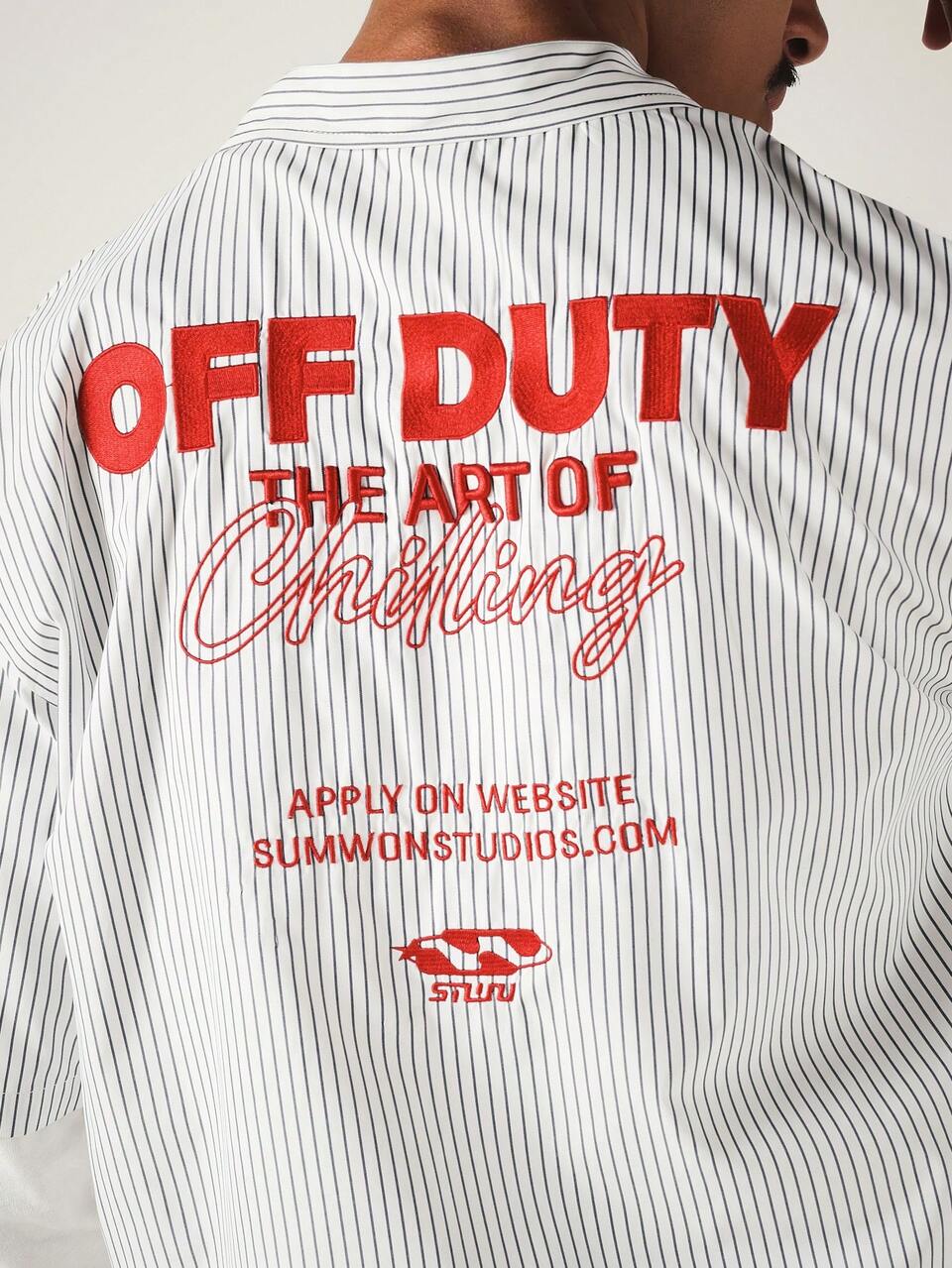 Off Duty Art Of Chilling Embroidered Back Graphic Crop Boxy Pinstripe Short Sleeve Collared Shirt Summer Casual Street Style
