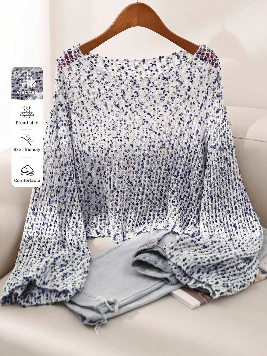 CosyJoli Plus Size Colorful Polka Dot Hollow Round Neck Long Sleeve Pullover Sweater Fall - Multicolor - View 1