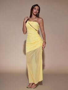 SHEIN Glamour Light Yellow Sheer Mesh Bodycon Maxi Dress, Cutout Front Drawstring Asymmetric Split Skirt For Summer - Yellow - View 8
