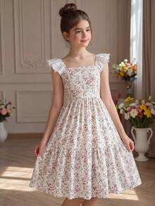 Pitira Tween Girls Ditsy Floral Spaghetti Strap Mid-Length Dress, Fitted Ruffle Sleeve Backless Bow Collar Textured Dress, Suitable For Spring And Summer - Multicolor - View 2