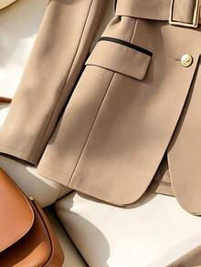 SHEIN LUNE CURVE Setelan Blazer dan Celana Panjang Wanita Ukuran Besar untuk Musim Panas, Cocok untuk Acara Kasual Elegan, Perjalanan Kantor, Kerja Bisnis, Jalan-jalan Sehari-hari, Pesta, Warna Hitam - Khaki - View 5
