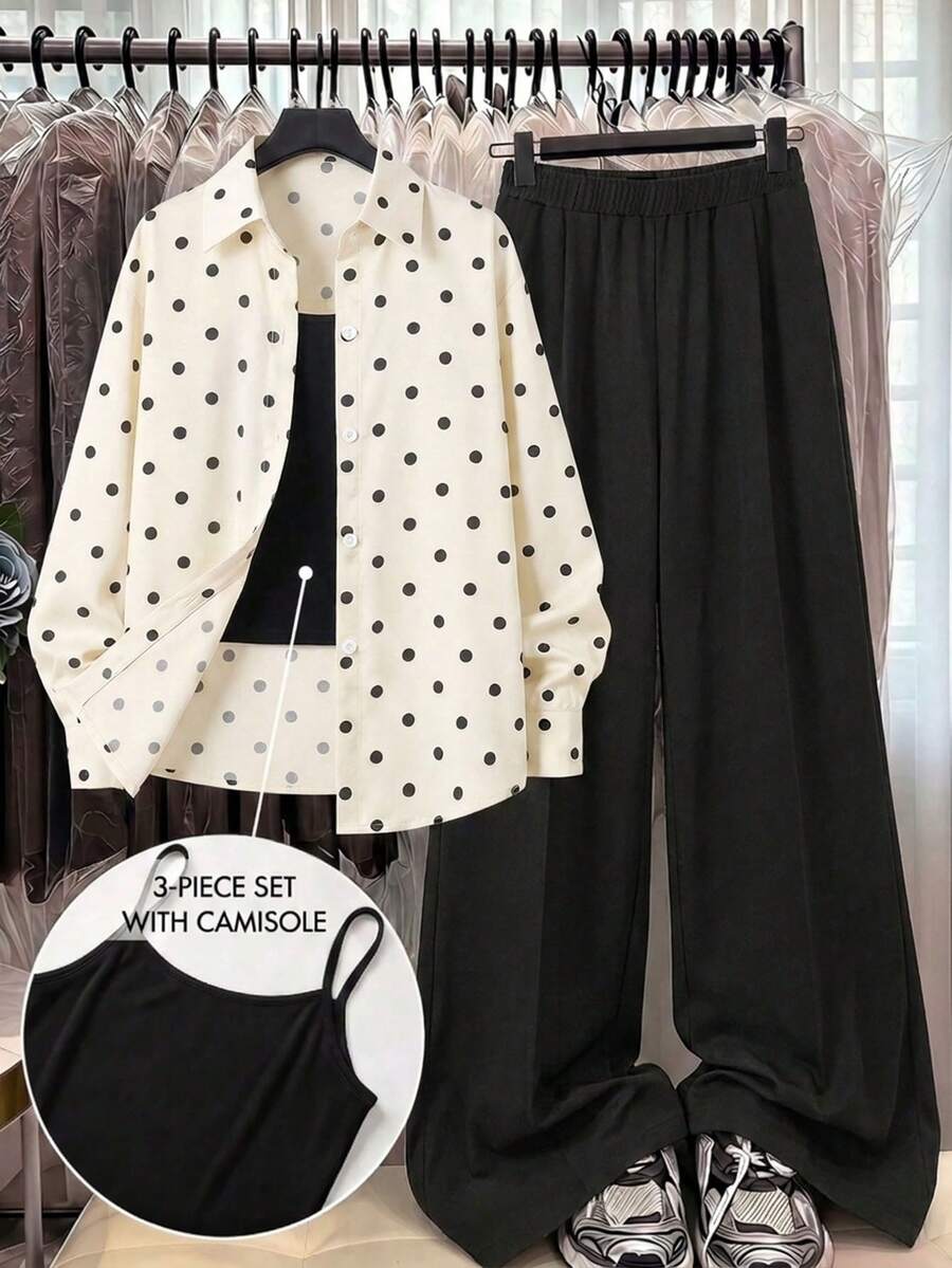 SHEIN 3件套黃色長袖條紋數位印花襯衫、黑色長褲、細肩帶背心,適合春夏外出穿著 - 彩色 - 查看 1