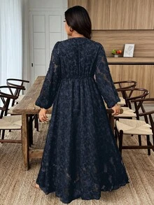 Weeklong Plus Size Women Jacquard Sheer Lace Trim Casual Long Dress, Suitable For Everyday Wear, Autumn/Winter Fall - Navy Blue - View 2