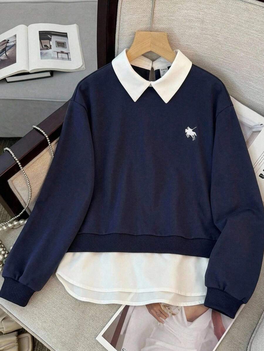 SHEIN Baju Remaja Perempuan Kerah Kemeja Bordir Motif Kuda Poni Musim Gugur Musim Dingin Sweatshirt 2 In 1 Patchwork - Navy Blue - View 1