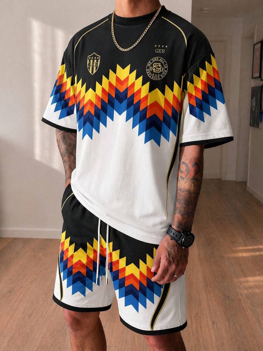 Gritte Field Men's Geometric Print Short Sleeve T-Shirt And Shorts Sports Set - Multicolor - View 1
