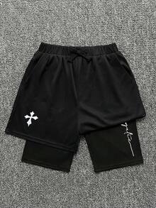 SHEIN 【隨機3件，發貨1件】青少年男孩寬鬆休閒圖案印花短褲 黑色 夏季街頭風 適合徒步、度假、慢跑、舒適 - 彩色 - 查看 2