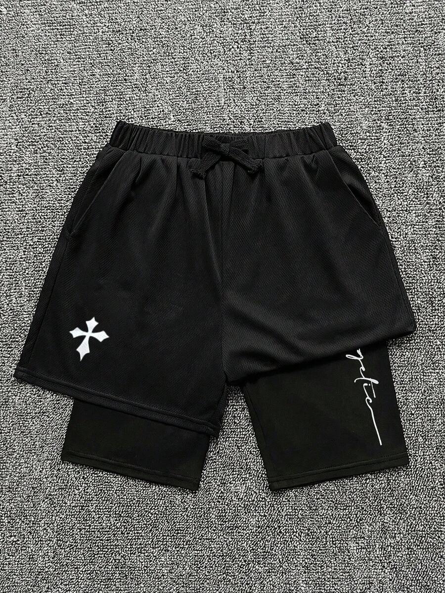 SHEIN 【隨機3件，發貨1件】青少年男孩寬鬆休閒圖案印花短褲 黑色 夏季街頭風 適合徒步、度假、慢跑、舒適