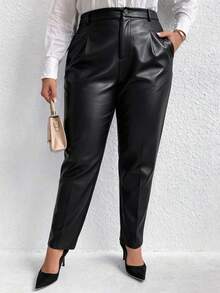 SHEIN LUNE CURVE Plus Size Women's Solid Color Pocket Slim Fit Tapered Leg Suit Pants - Black - View 5