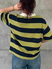 Livesso 女款大尺碼拼色拼接寬鬆條紋 Polo 領中袖休閒夏季 T-shirt - Limelight Green - 查看 2