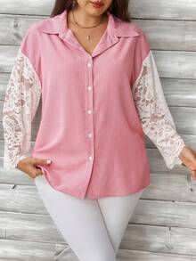 EMERY ROSE Plus Size French Fashion Red And White Lace Patchwork Single-Breasted Shirt Teachers' Day Office Brunch Formal Elegant Summer Fall Autumn - Pink - View 1