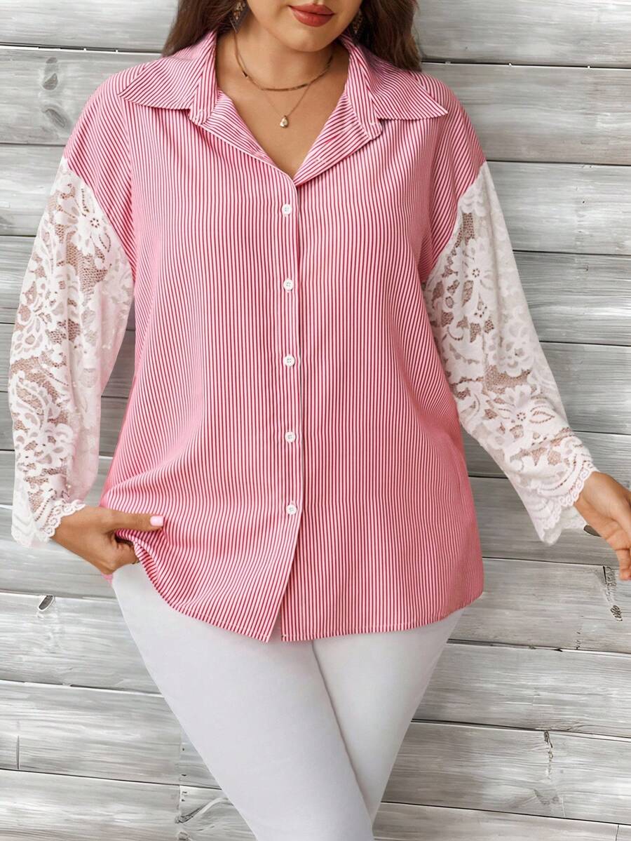 EMERY ROSE Plus Size French Fashion Red And White Lace Patchwork Single-Breasted Shirt Teachers' Day Office Brunch Formal Elegant Summer Fall Autumn - Pink - View 1