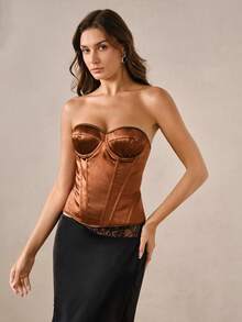 Hourtrue Top corsé sin tirantes para mujer color café brillante de satén con corazón, copa moldeada, espalda con cordones y varillas de plástico, entrenador de cintura para cita retro - Marrón - Ver 6