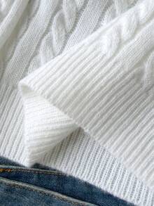 SHEIN 青少年女孩休閒學院風刺繡臘腸狗粗針編織V領毛衣，可愛長袖套頭衫，適合秋冬穿著，校園日常穿搭必備極簡休閒單品 - 白色 - 查看 5