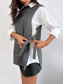 EURMUSE Round Neck Sleeveless Sweater With Pearls - Dark Grey - View 5