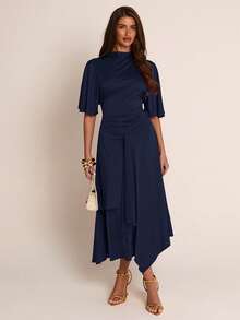 SHEIN BAE Autumn Solid Navy Blue Semi-High Neck Cape Sleeve Cinched Waist Asymmetrical Hem Mid-Length Women's Dress Elegant Bachelorette Party Wedding - Navy Blue - View 5