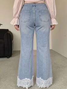 REIGN AVE Plus Size Slim Fit Sexy Flare Leg Casual Long Pants Lace Trim Patchwork Denim Jeans All Season Fall - Light Wash - View 5