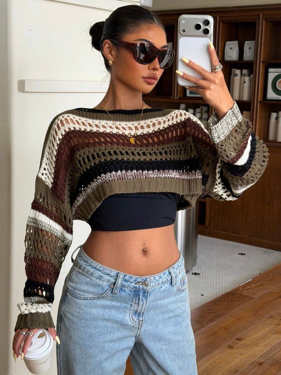 Muchica Striped Pattern Drop Shoulder Crop Sweater,Long Sleeve Tops,Knitted Sweater In Fall/Winter - Multicolor - View 1