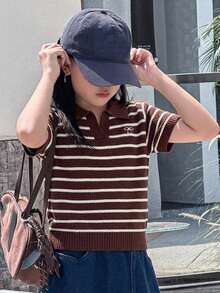 Dazy Kids Tween Girl Striped Patchwork Bow Pattern Casual Everyday Knit Top - Brown - View 3