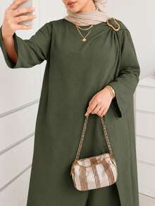 Solavon Plus Size Women Spring/Autumn Casual Solid Color High Slit Hem Long Top And Wide Leg Pants 2 Pieces Set Fall - Green - View 3