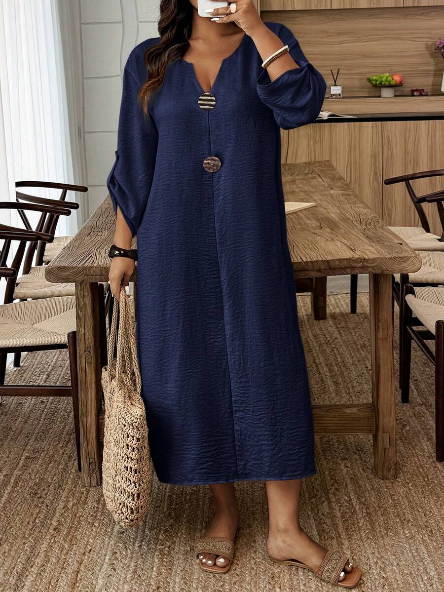 Breezaya Plus Size Casual Solid Color Dress Fall - Navy Blue - View 1