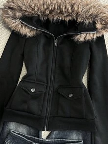 StreetHx 女士黑色保暖内衬束腰毛领夹克，Y2K 叛逆风，朋克摇滚风，修身舒适，适合万圣节，2000 年代街头服饰，长袖连帽修身款 - 黑色 - 查看 5