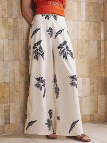 Franclia Vacation Style Floral Print High Waist Flowy Wide Leg Pants - Apricot - View 5