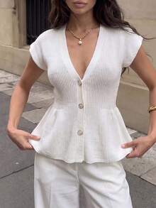 Privoire Cardigan de punto de manga corta con cuello en V estilo francés chic para mujer - Blanco - Ver 3
