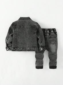 SHEIN 2件套婴儿/幼儿男童黑色牛仔做旧外套和弹力修身裤套装 - 黑色 - 查看 4