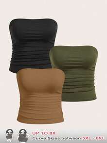 SHEIN CURVE+ Plus Size Women 3 PiecesBasic Tube Top Set Strapless Tops Multipack Tops Women Ruched Tops For Women Pack Of Tube Tops Tube Tops With Padding - Multicolor - View 1