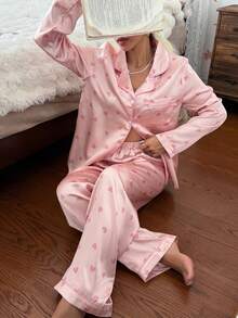 CottageSlumber Women's Faux Silk Heart Print Open Front Lapel Long Sleeve Pants Pajama Set - Pink - View 8