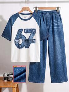SHEIN Tween Boy Colorblock Patchwork Number Print T-Shirt & Denim Print Pants 2pcs Set - Dark Wash - View 3