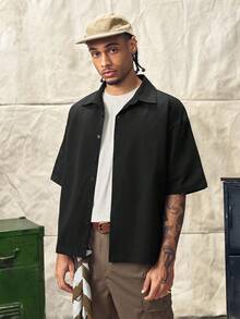 Norleigh Men's Solid Color Short Sleeve Single-Breasted Casual Shirt - Black - View 1