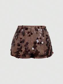 SHEIN MOD 女款時尚派對亮片短褲 - 棕色 - 查看 2
