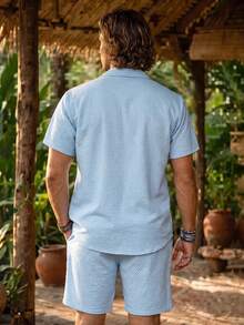 Alderstead Plus Size Men's Blue Solid Short Sleeve Single-Breasted Shirt And Shorts Set,Summer Casual Beach Outfit For Holiday Vacation - Blue - View 2