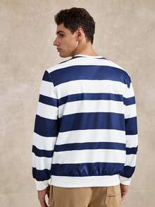 Men's Simple Blue And White Striped Pattern Pullover Sweatshirt, Suitable For Autumn/Winter Striped Long Sleeve - White - View 3
