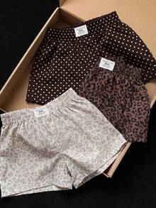 SHEIN EZwear 大尺碼女款豹紋牛仔休閒日常短褲3件組 - 棕色 - 查看 4